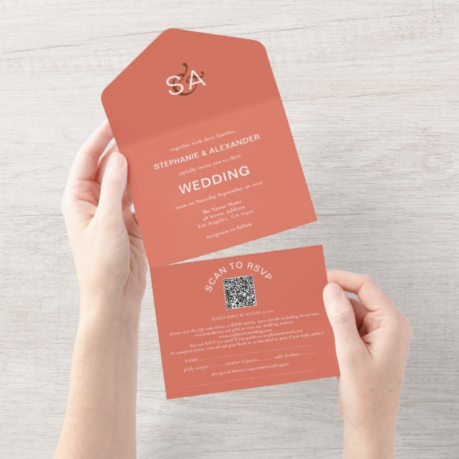Minimalistisk Initialer QR-kod Terracotta Bröllop (Avrivbar del)