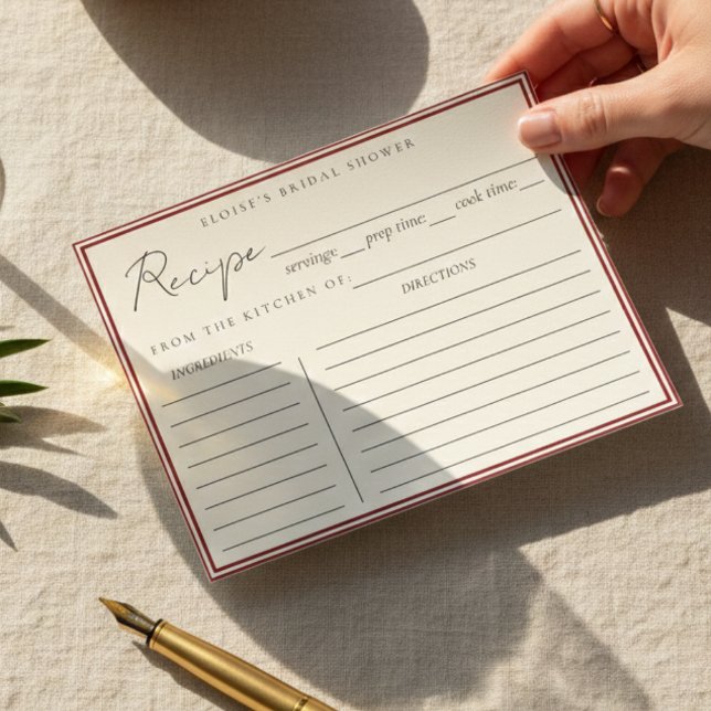 Minimalistisk italiensk röd bröllopsdusch receptko (*AI Generated Mockup Of Minimalist Italian Red Bridal Shower Recipe Card)