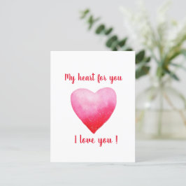 Minimalistisk Jag älskar dig akvarell rött hjärta  Vykort