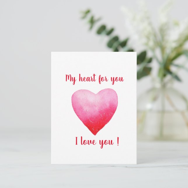 Minimalistisk Jag älskar dig röda akvarellhjärta   Vykort (Stående Fram)