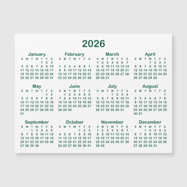 Minimalistisk jägaregrön 2026 magnetisk kalender (Framsida)
