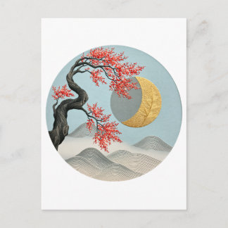 Minimalistisk japansk körsbärsblomsmåne landskap helg vykort