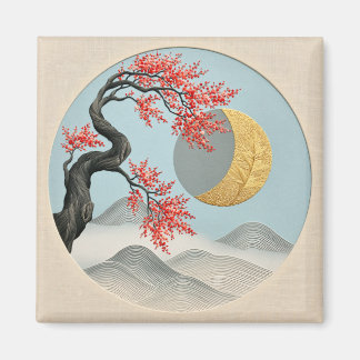Minimalistisk japansk körsbärsblomsmåne landskap magnet
