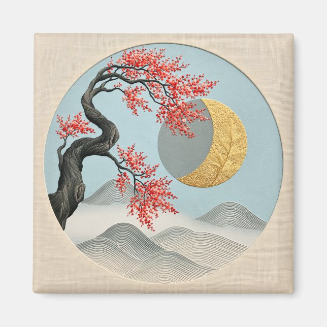 Minimalistisk japansk körsbärsblomsmåne landskap magnet (Framsidan)