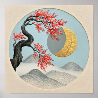 Minimalistisk japansk körsbärsblomsmåne landskap poster