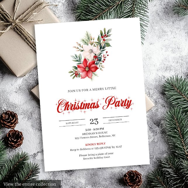 Minimalistisk julbukett Röd Vit Inbjudan (Minimalist Christmas Bouquet Red White Invitation)