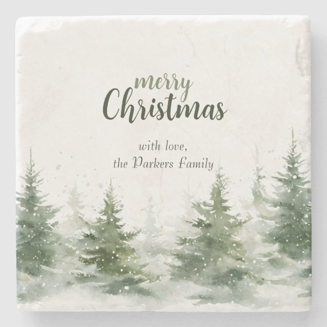 Minimalistisk julfärgsfärg Evergreen Snö Stenunderlägg (Framsidan)