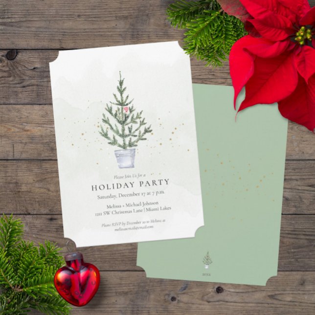 Minimalistisk Julfest för Träd Trimming med vatten Inbjudningar (Cute Holiday Christmas Party Invitation with Watercolor Christmas Tree and Sage Green Reverse Side)