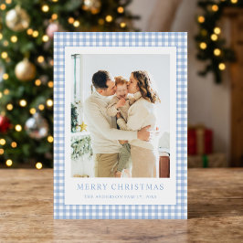 Minimalistisk julfotograf med blå gingham julkort