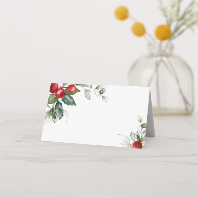 Minimalistisk julgrå och Red Berries Weddin Placeringskort (Framsida)