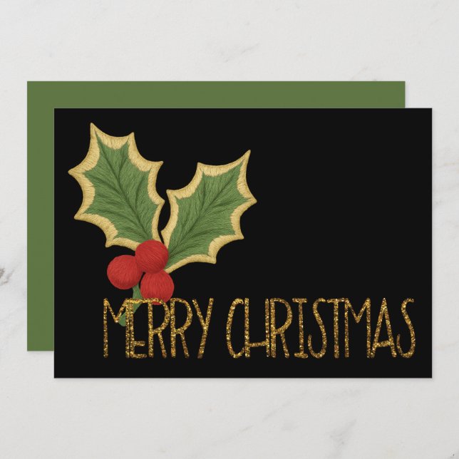 Minimalistisk julgran med bär Broderi Jul Julkort (Fram/baksida)