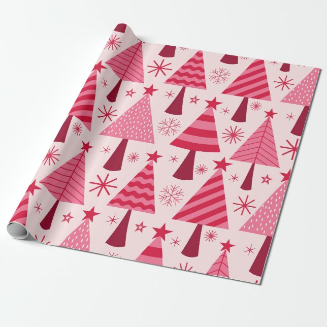Minimalistisk julgranmönster i rosa och rött  presentpapper (Utrullad)