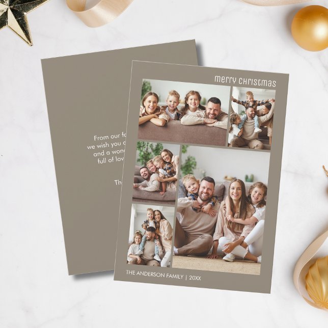 Minimalistisk julklapp för 5 fotokollage-familj julkort (Christmas Minimalist 5 Photo Collage Family Taupe Holiday Card)