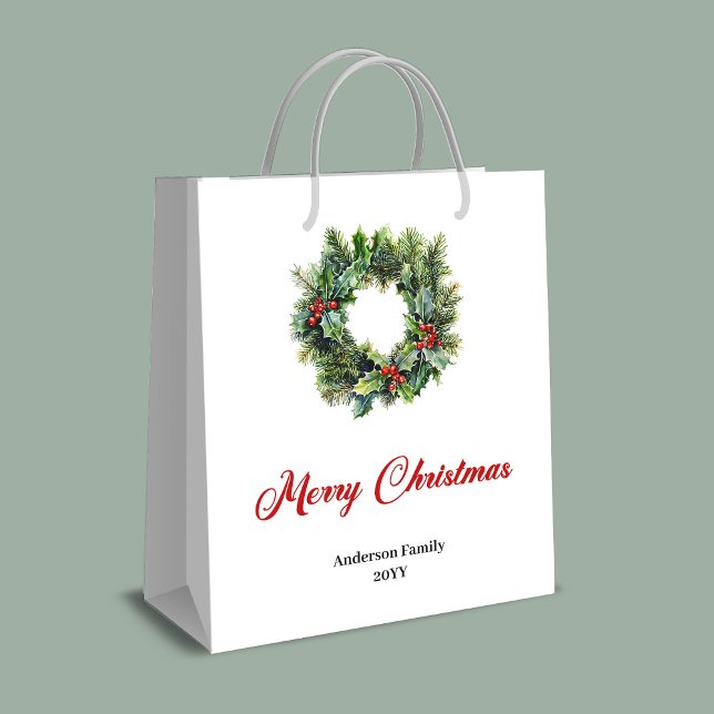 Minimalistisk julkranspresentväska röd grön  (Minimalist Christmas wreath gift bag red green gold)