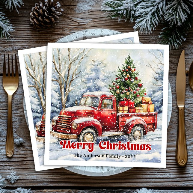 Minimalistisk julscen med röd lastbil på rustic se pappersservett (Minimal red truck Christmas scene rustic napkins)