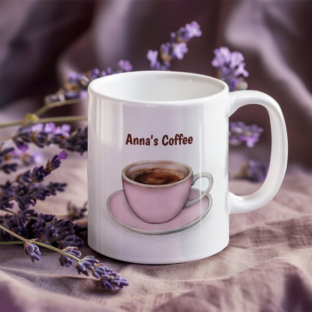 Minimalistisk kaffe Första citat Rosa kopp Estetis (Hand holding minimalist coffee mug with pink cup illustration and cozy quote design)