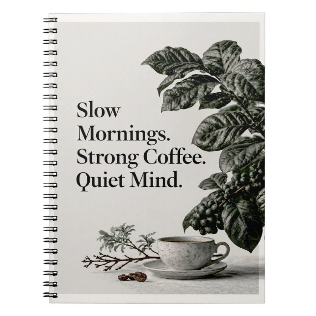 Minimalistisk kaffecitat med kopp, växt och text anteckningsbok (Framsidan)