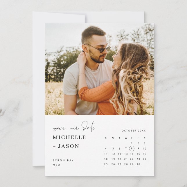 Minimalistisk kalender fotografera Spara datumet Inbjudningar (Framsida)