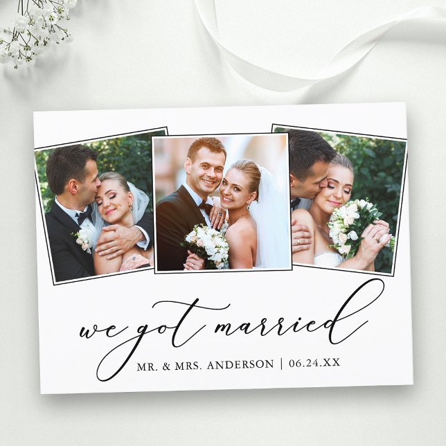 Minimalistisk kalligrafi 3 Foto Vi Har Gift Vykort (Customize to add text to back of card.)