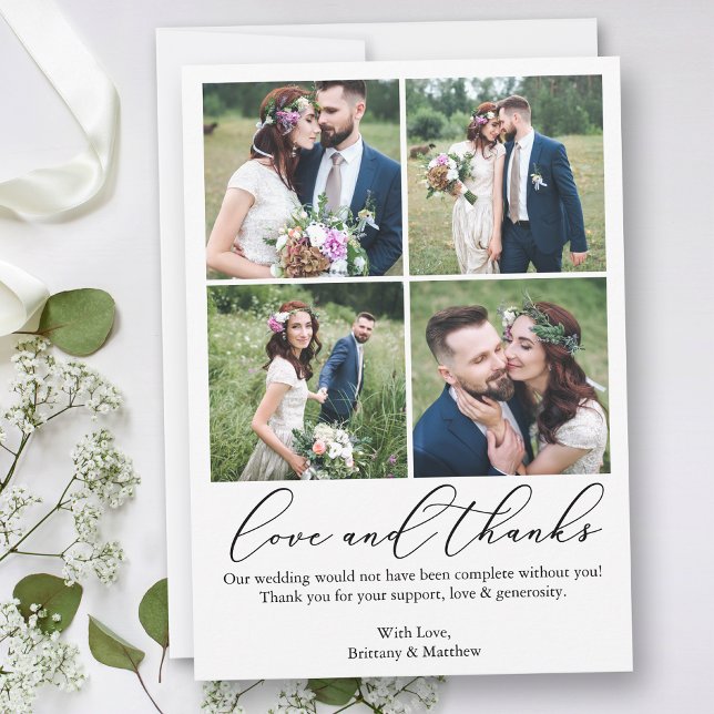 Minimalistisk kalligrafi 4 Foton Bröllop Kärlek Tack Kort (Customize to add text or more photos to back of card.)