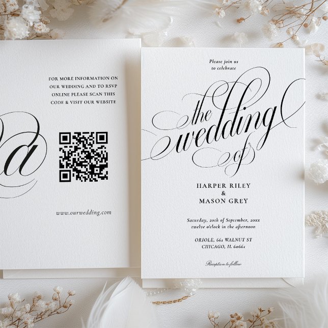 Minimalistisk kalligrafi Bröllop med QR-kodens OSA Inbjudningar (Skapare uppladdad)