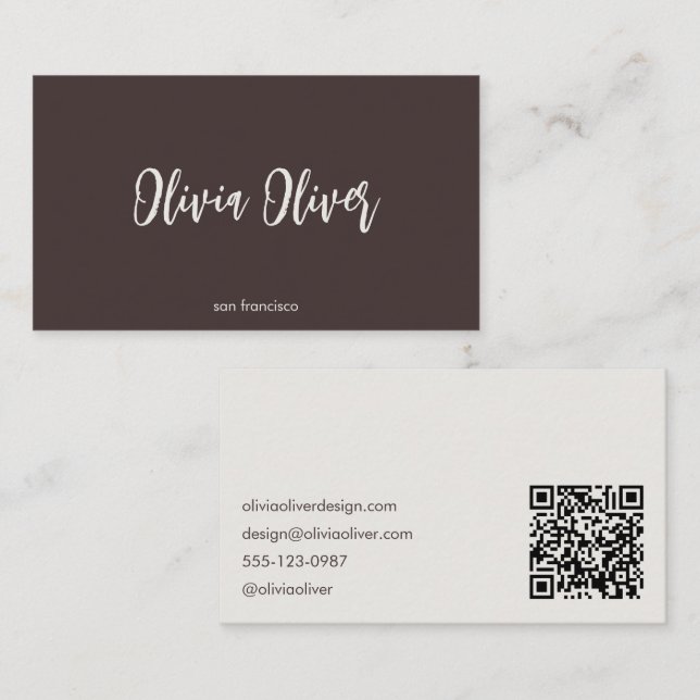 Minimalistisk kalligrafi Brun kräm Modern QR-kod Visitkort (Fram/baksida)