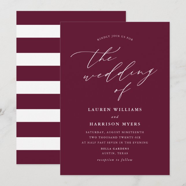 Minimalistisk kalligrafi Burgundy | BRÖLLOP Inbjudningar (Fram/baksida)