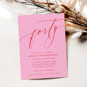 MINIMALISTISK Kalligrafi chic 40-årsfest rosa röd Inbjudningar