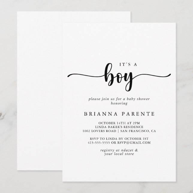 Minimalistisk kalligrafi Det är en pojke Baby Show Inbjudningar (Fram/baksida)