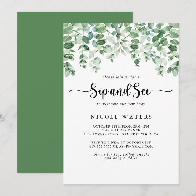 Minimalistisk kalligrafi Eucalyptus Sip och Se Inbjudningar (Fram/baksida)