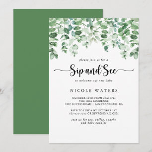 Minimalistisk kalligrafi Eucalyptus Sip och Se Inbjudningar