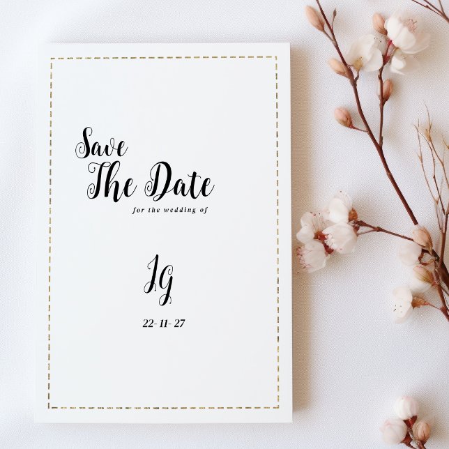 Minimalistisk kalligrafi för vitt guld sparar datu inbjudningar (Minimalist white gold calligraphy Save The Date)