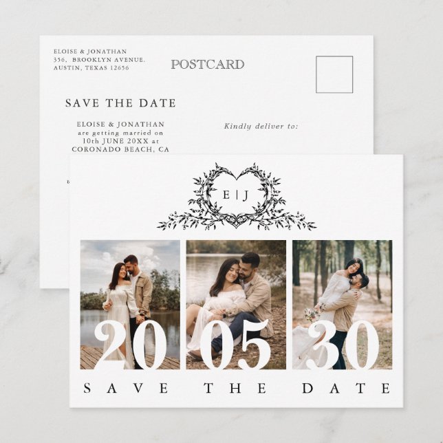 Minimalistisk kalligrafi-monogram Save the Date Vykort (Fram/baksida)