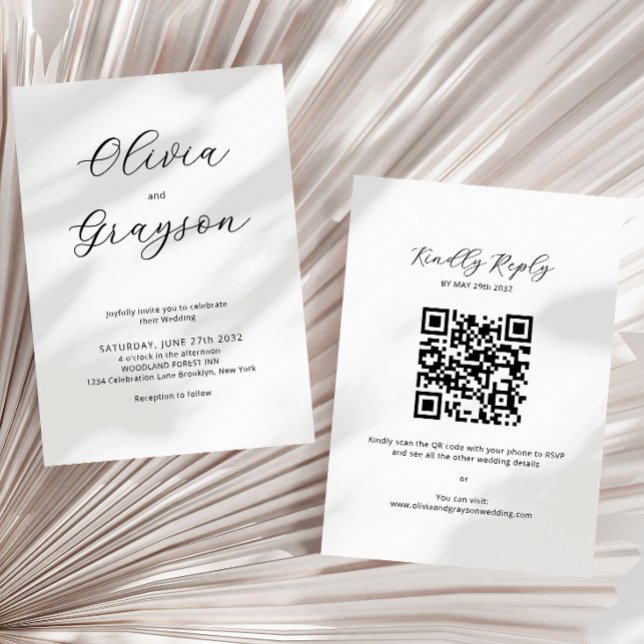 Minimalistisk kalligrafi QR-kod OSA Bröllop Inbjudningar (Skapare uppladdad)