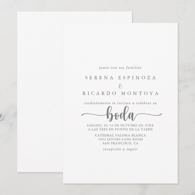 Minimalistisk kalligrafi, spanska Silver Bröllop  Inbjudningar (Fram/baksida)