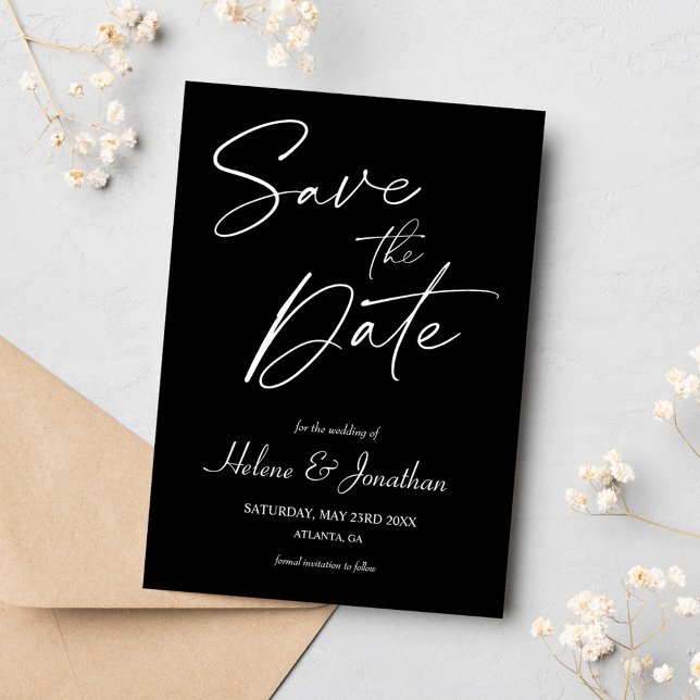 Minimalistisk kalligrafi, svart Bröllop Spara Datumet (Minimalist Calligraphy Black Wedding Save The Date)