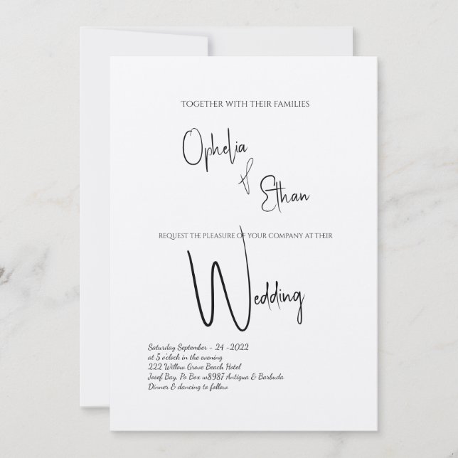 Minimalistisk kalligrafi, svart och vit bröllop inbjudningar (Framsida)
