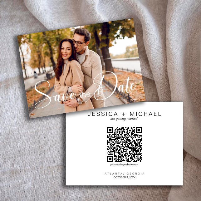 Minimalistisk kalligrafiskritad foto med QR-kod Spara Datumet (Skapare uppladdad)