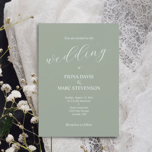 Minimalistisk kalligrafsage grönt bröllop inbjudningar (Skapare uppladdad)