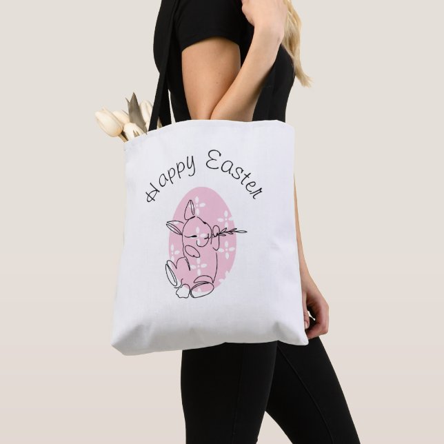 Minimalistisk kanin linjekonst Rosa ägg vår  Tygkasse (Närbild)