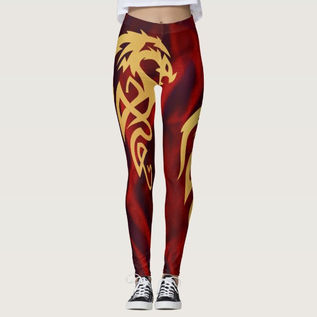 Minimalistisk kanterad Guld Red Magic Dragon Leggings (Framsida)