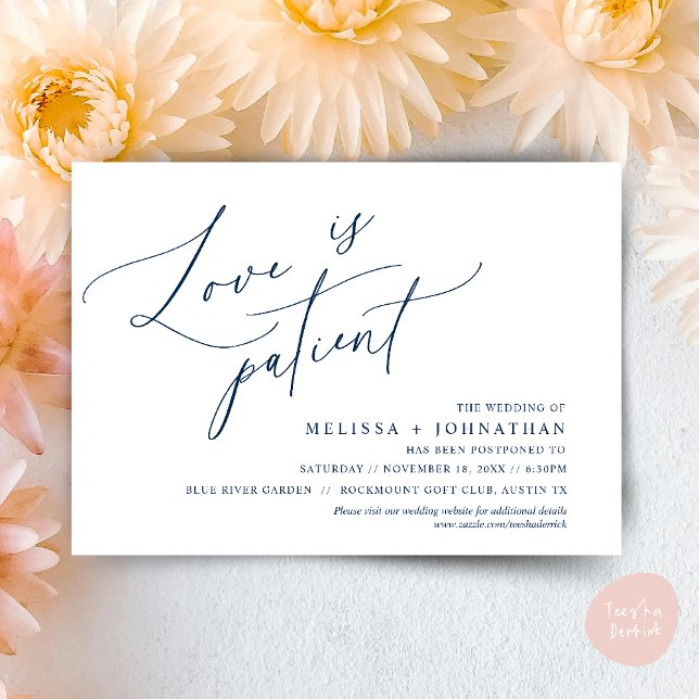 Minimalistisk, Kärlek är tålmodig, Ändra datum kor Inbjudningar (Minimalist, Love is patient, Romantic Wedding Change the new date card PDF in Navy Blue)