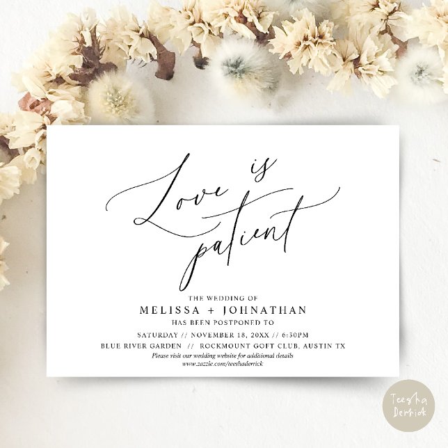 Minimalistisk, Kärlek är tålmodig, Ändra datum kor Inbjudningar (Minimalist, Love is patient, Romantic Wedding Change the new date card PDF in Black white)