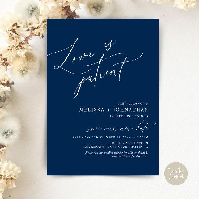 Minimalistisk, Kärlek är tålmodig, Ändra datumkort Inbjudningar (Minimalist, Love is patient, Romantic Wedding Change the new date card PDF in Navy Blue)