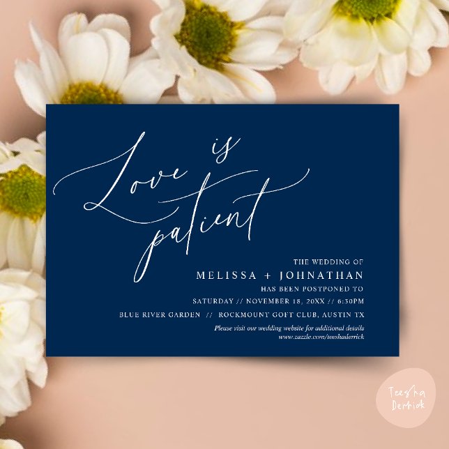 Minimalistisk, Kärlek är tålmodig, Ändra datumkort Inbjudningar (Minimalist, Love is patient, Romantic Wedding Change the new date card PDF in Navy Blue)