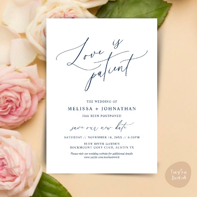 Minimalistisk, Kärlek är tålmodig, Ändra datumkort Inbjudningar (Minimalist, Love is patient, Romantic Wedding Change the new date card PDF in Navy Blue)