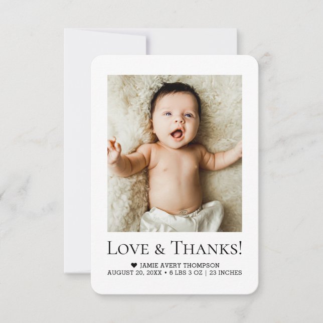 Minimalistisk Kärlek & Tack Baby Foto Födelse lite Kort (Framsida)