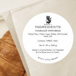 Minimalistisk katt croissant bageri ingredienslist runt klistermärke