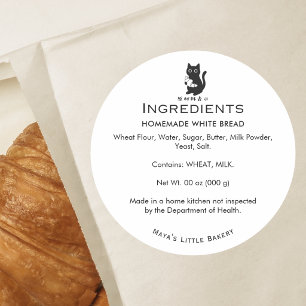 Minimalistisk katt croissant bageri ingredienslist runt klistermärke