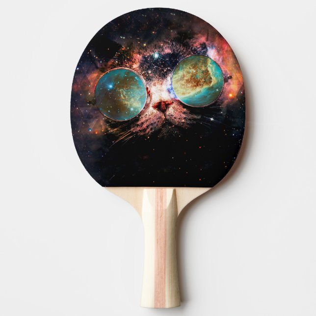 Minimalistisk katt med solglasögon i rymden pingisracket (Framsidan)